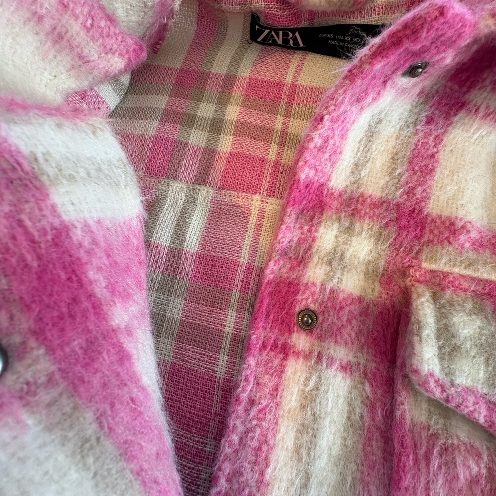 Zara Pink Ivory Plaid Cropped Shacket Oversized Trucker Jacket XS - Picture 6 of 10